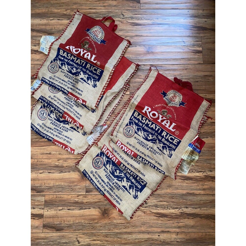 Lot of 6 EMPTY Royal Basmati 20LB Bags (NO RICE) Burlap Sacks Zipper Handles